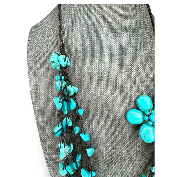 Turquoise Chip Dyed Howlite Blossom Flower Necklace Leather Cord 22” - Picture 4 of 11